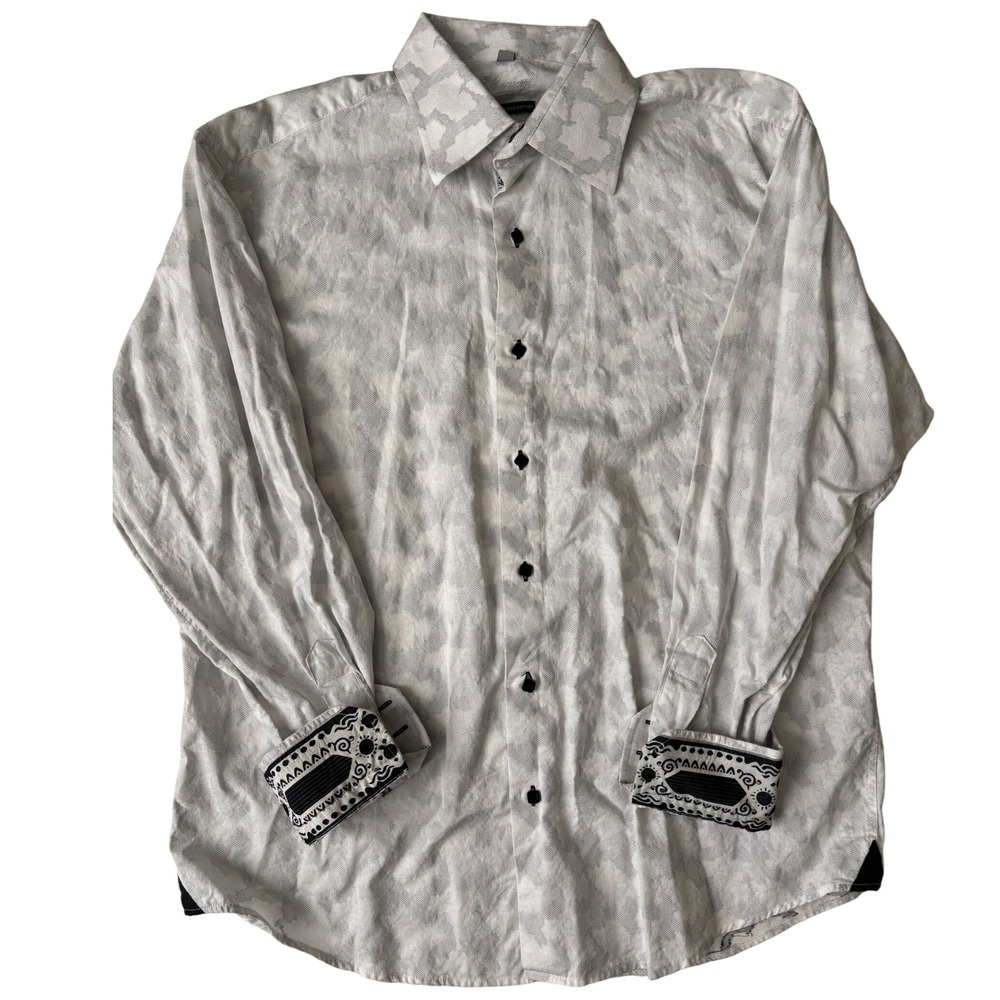 Visconti Uomo Mercerized Cotton Dress Shirt White Gray Jacquard Long Sleeve Men - Picture 1 of 4